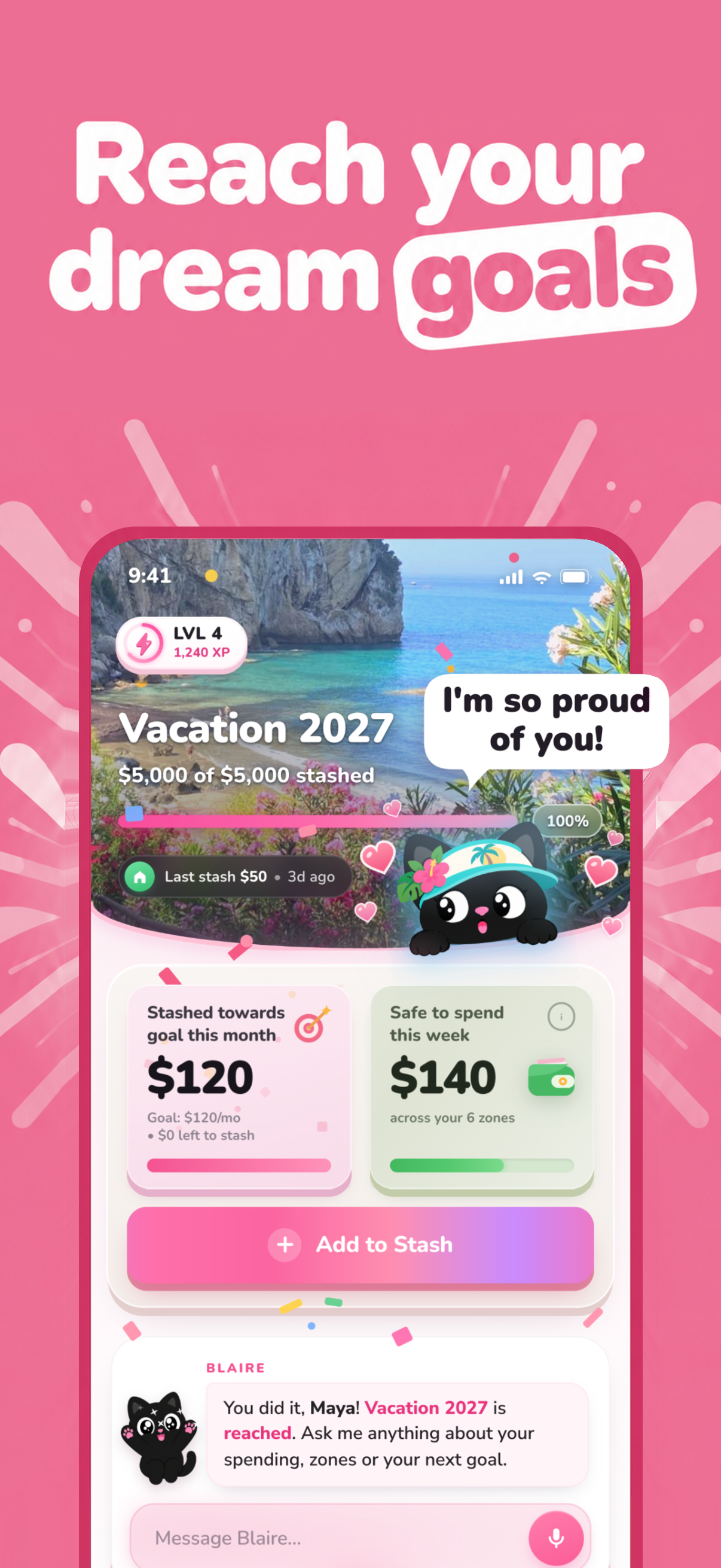 Blaire app showing a completed vacation savings goal