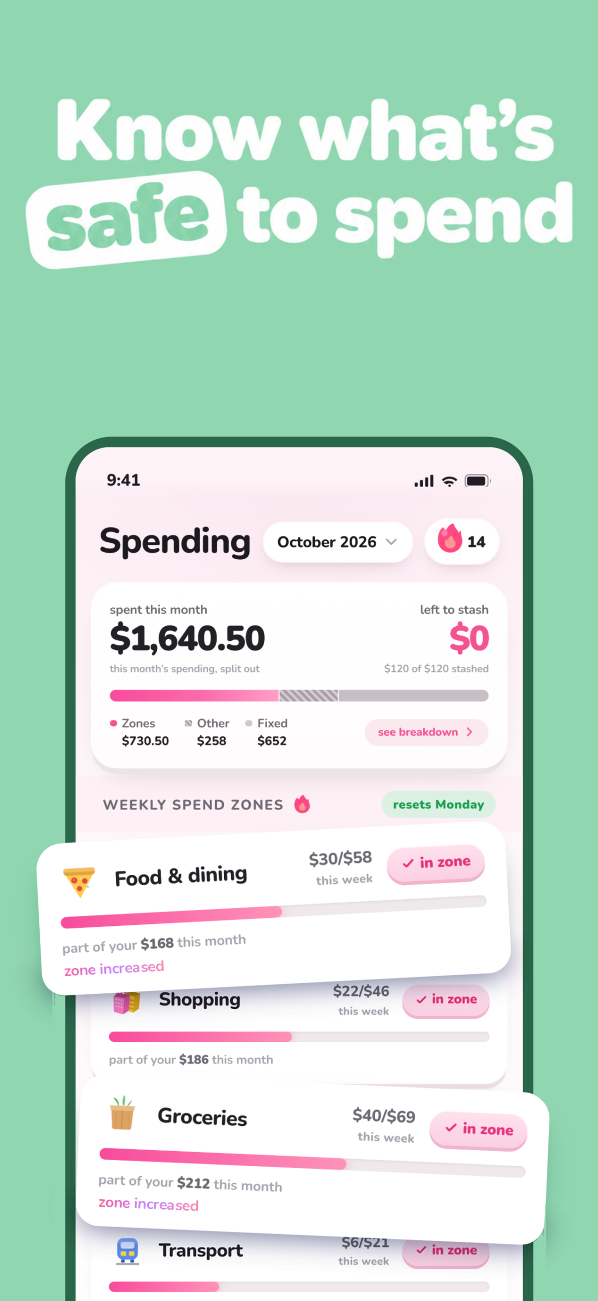 Weekly spending zones in the Blaire app
