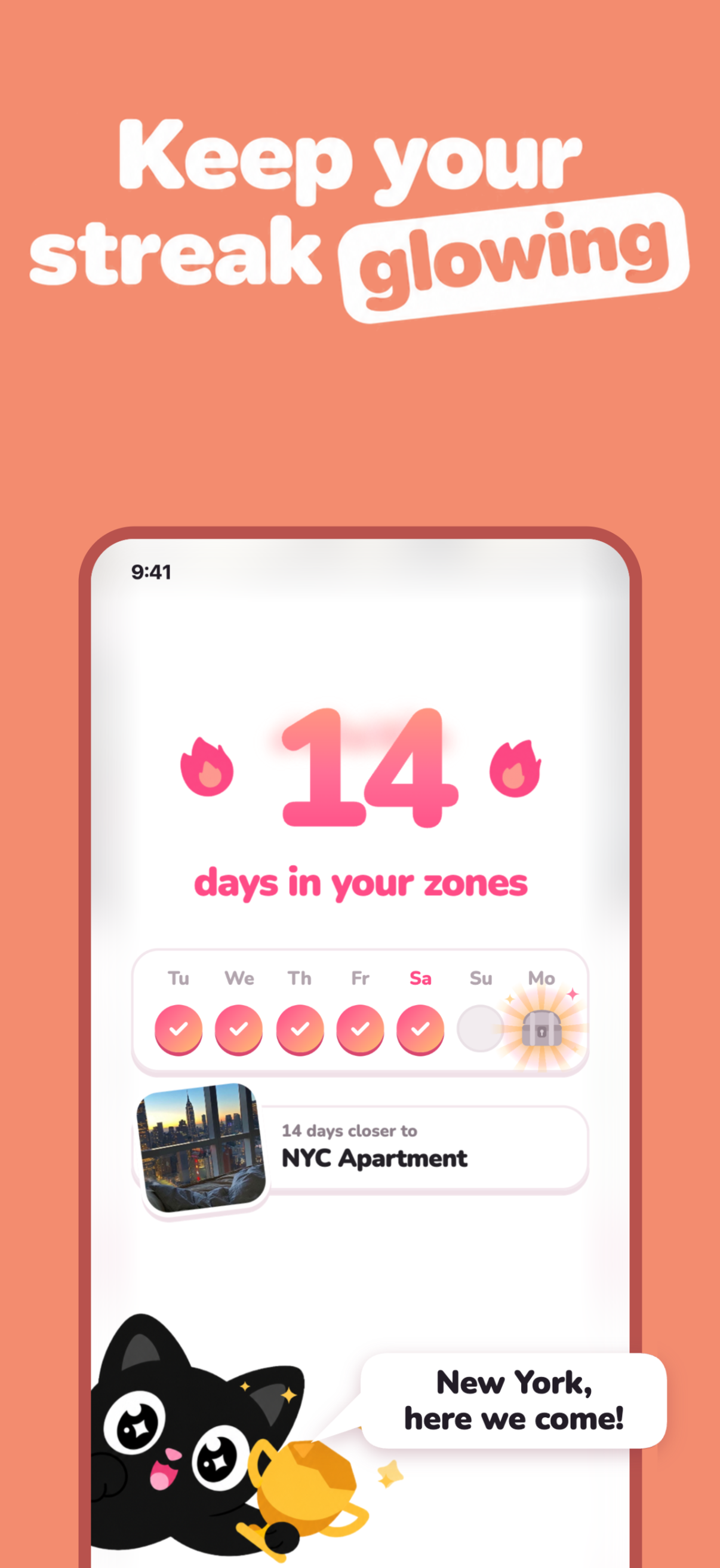 A 14-day spend zone streak bringing an NYC apartment goal closer, with Blaire celebrating